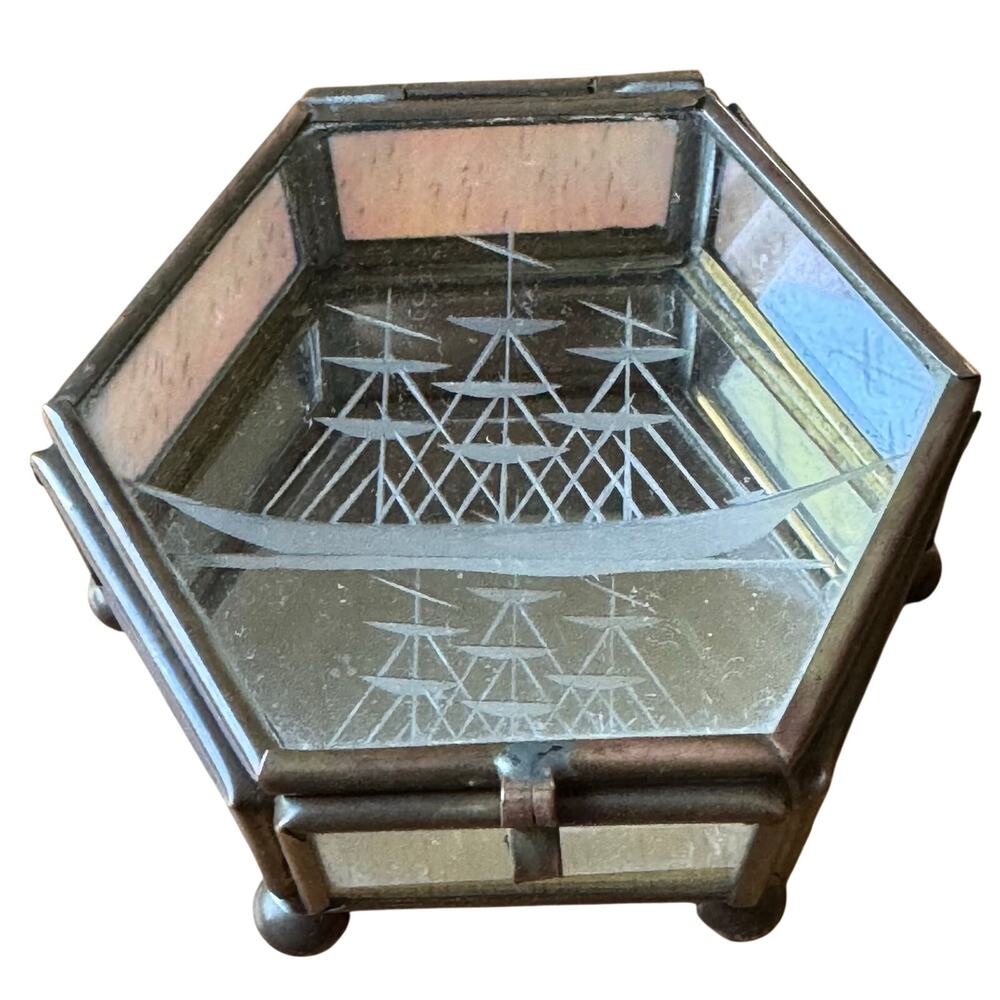 Vintage Ship Etching Mirrored Small Trinket Jewelry Box Hexagonal Hinged Lid